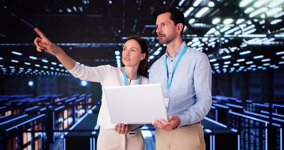 Data center engineers configuring AI