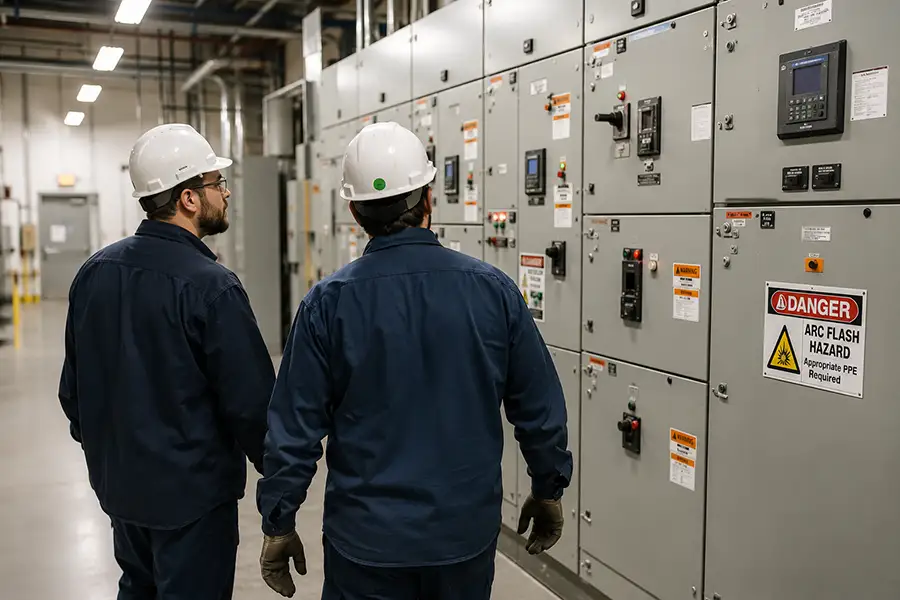 Workers near electrical panel